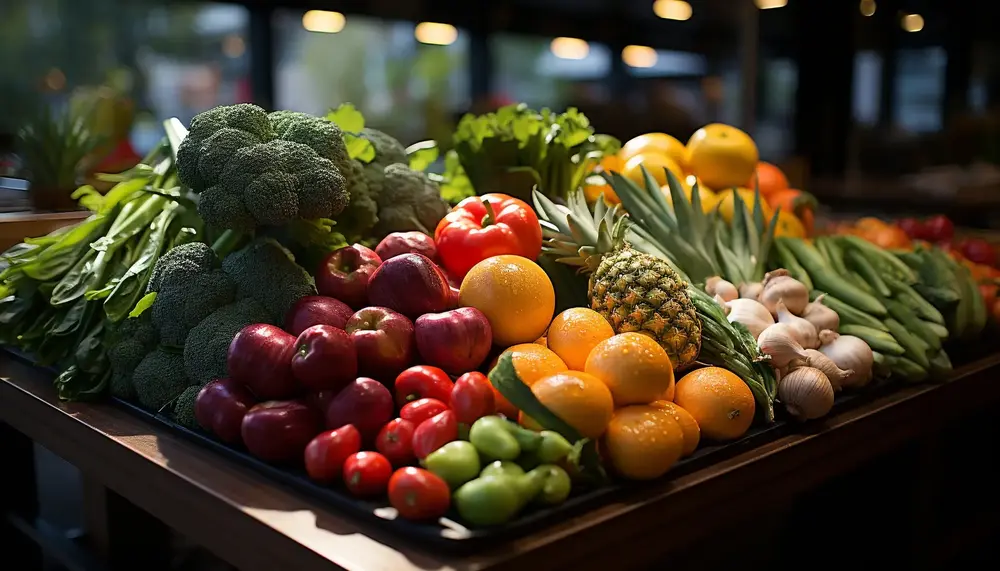 Puesto con frutas y verduras frescas variadas